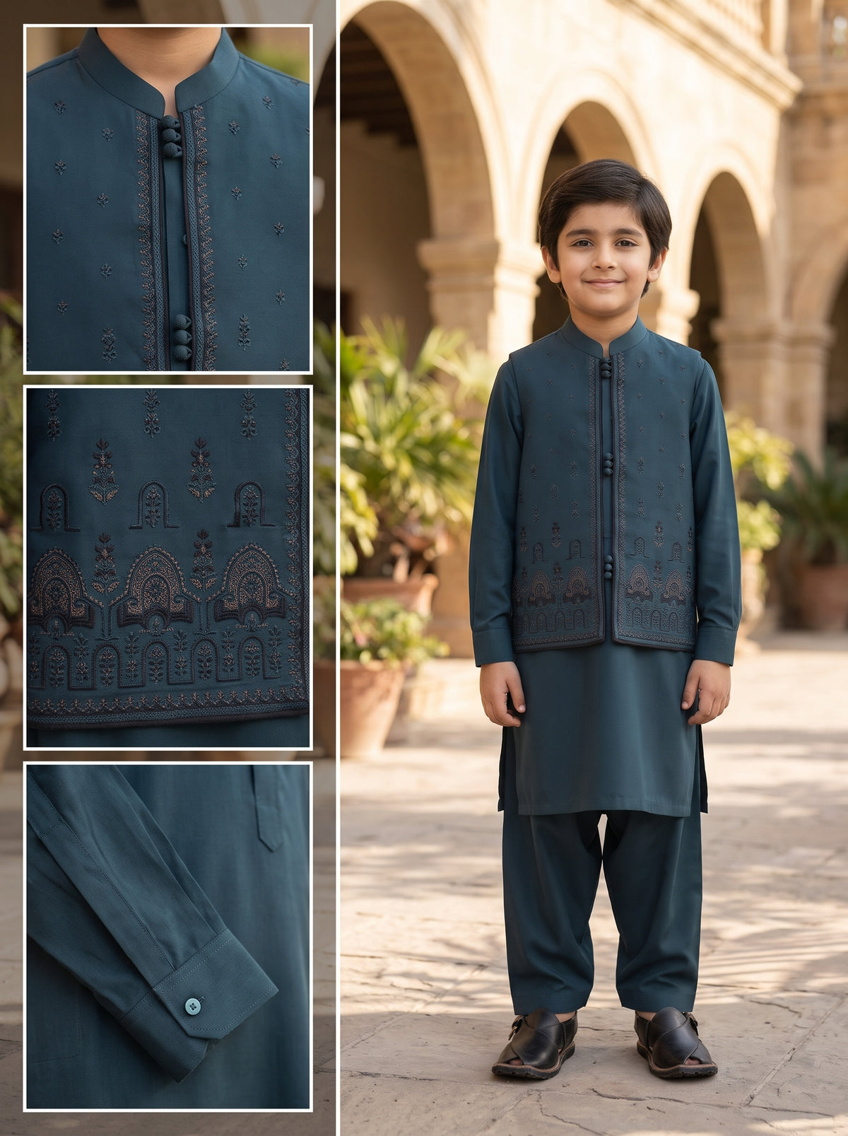 Boys Teal Traditional Kurta Shalwar with Embroidered Waistcoat Festive Kids Ethnic Wear