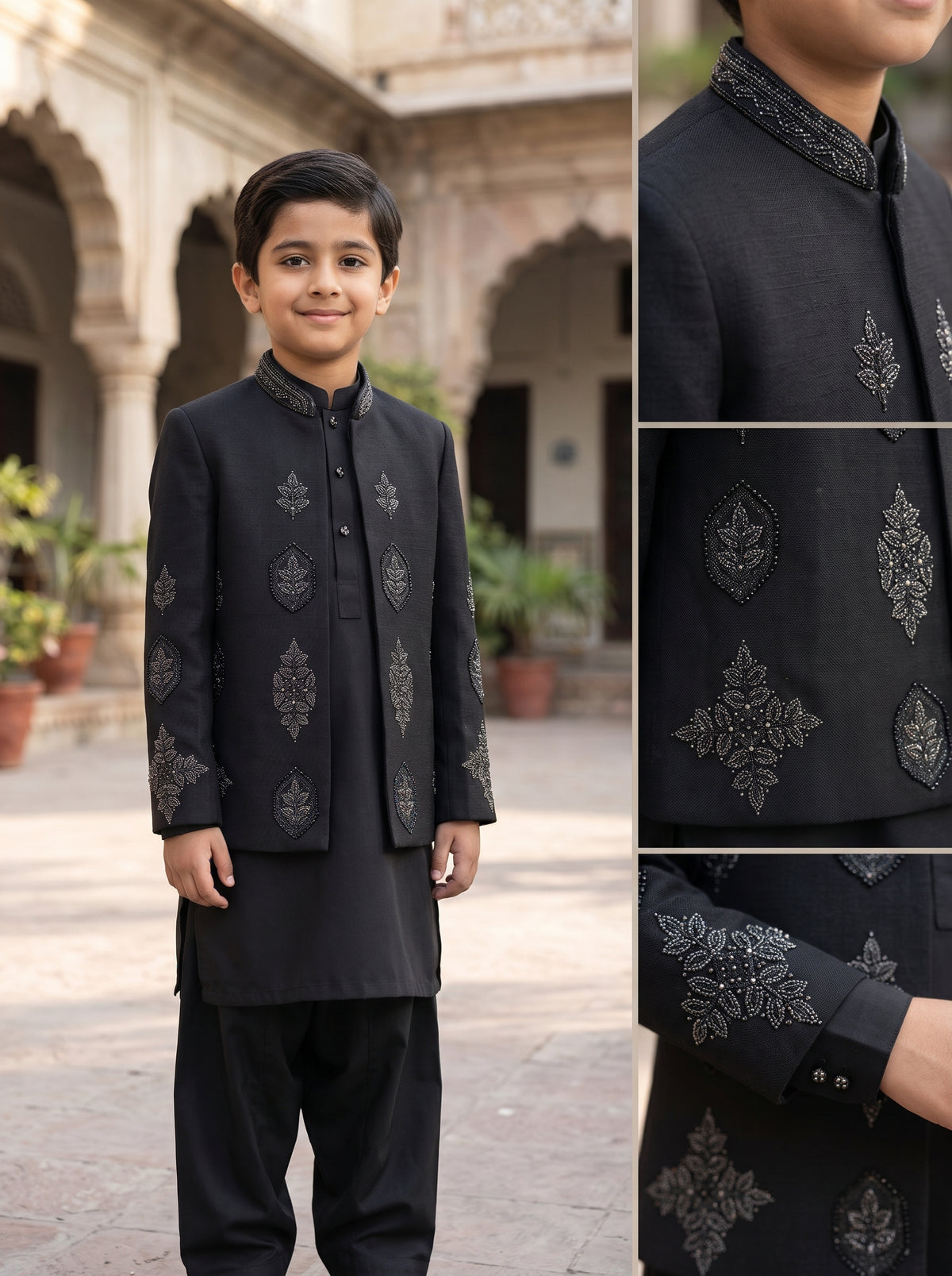 Boys Black Traditional Kurta Shalwar with Beaded Embroidered Sherwani Coat Festive Wear