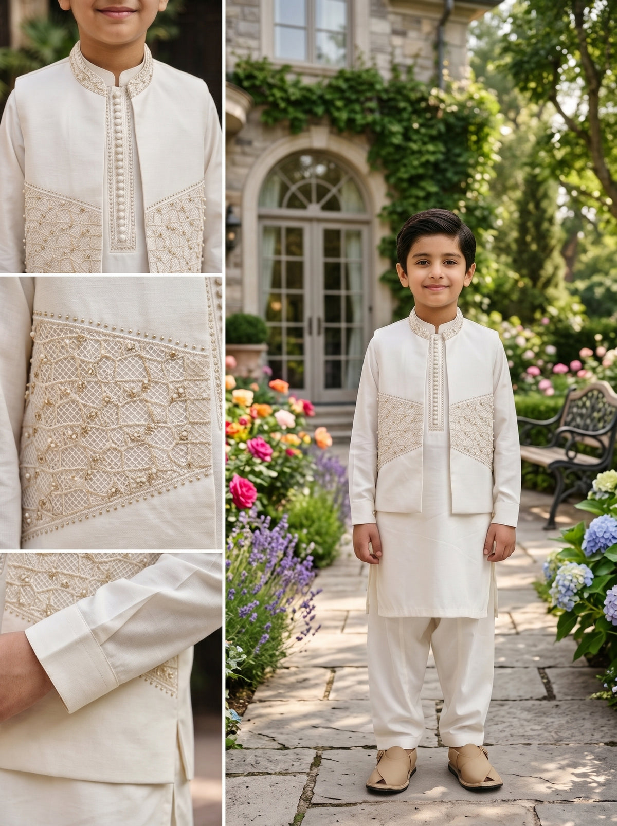 Boys Off White Traditional Kurta Shalwar with Beaded Embroidered Waistcoat Festive Wear