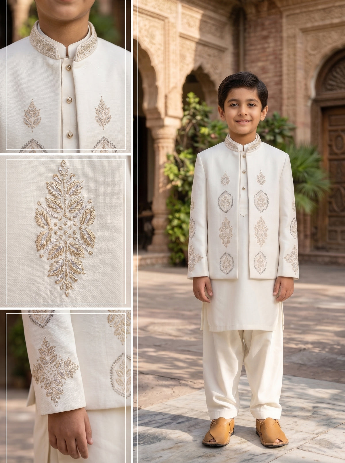 Boys Off White Traditional Kurta Shalwar with Beaded Embroidered Sherwani Coat Festive Wear