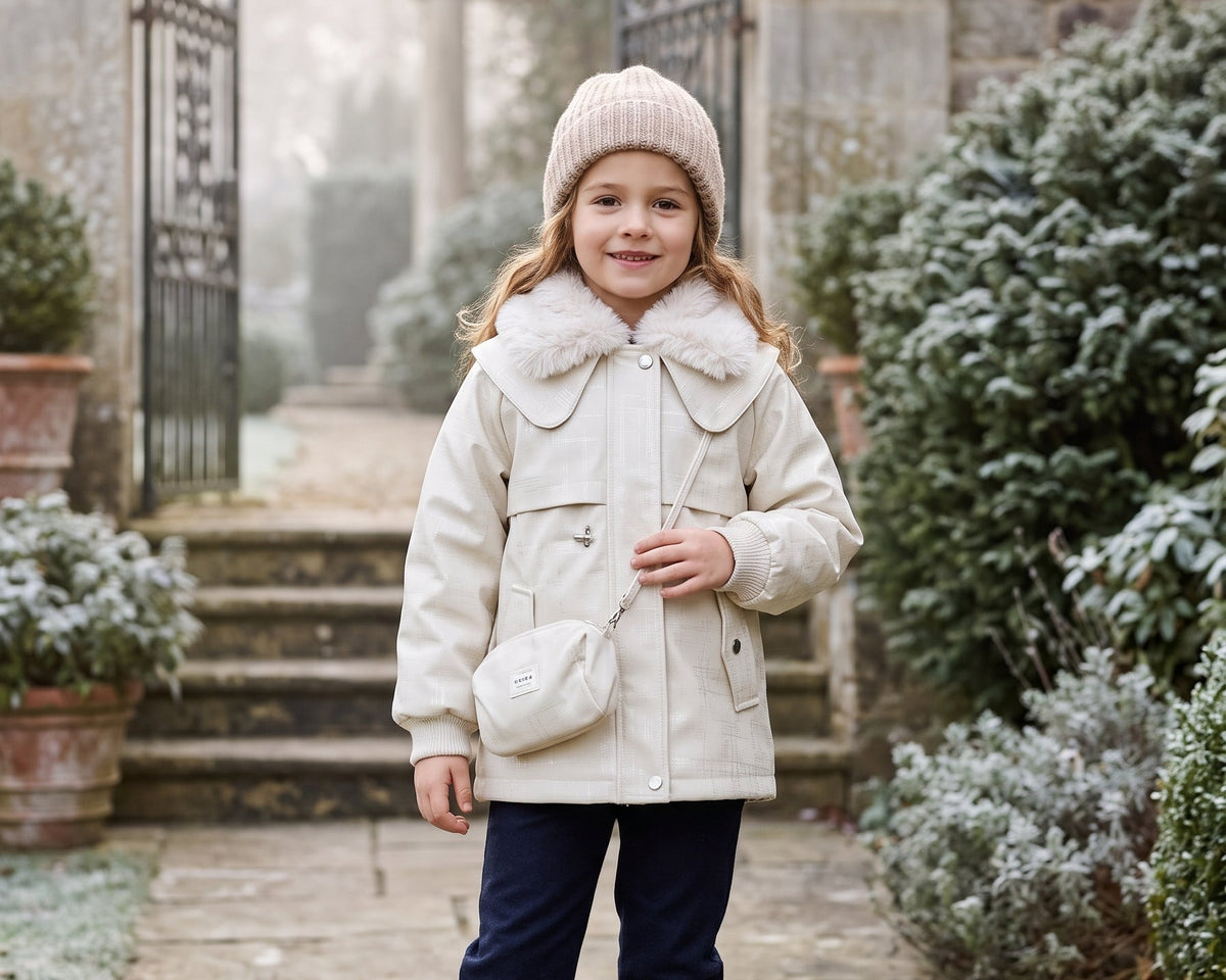 Toddler Girls Fur Collar Winter Jacket Matching Small Purse Set Kids Warm Outerwear