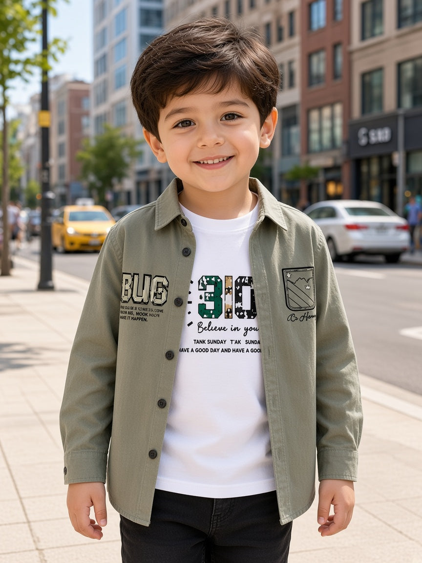 Stylish Grey Or Olive Casual Shirt With Patches And Matching White Printed T Shirt Set