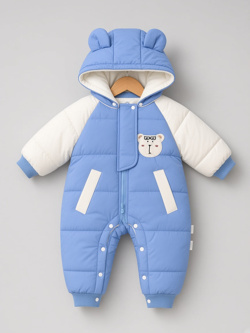 Baby Winter Padded Snowsuit Hooded Romper Jumpsuit With Bear Applique And Pockets
