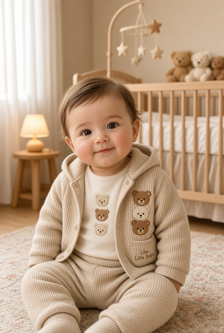 Stylish Kids 3-Piece Bear Print Hooded Jacket Bodysuit And Trouser Outfit Set