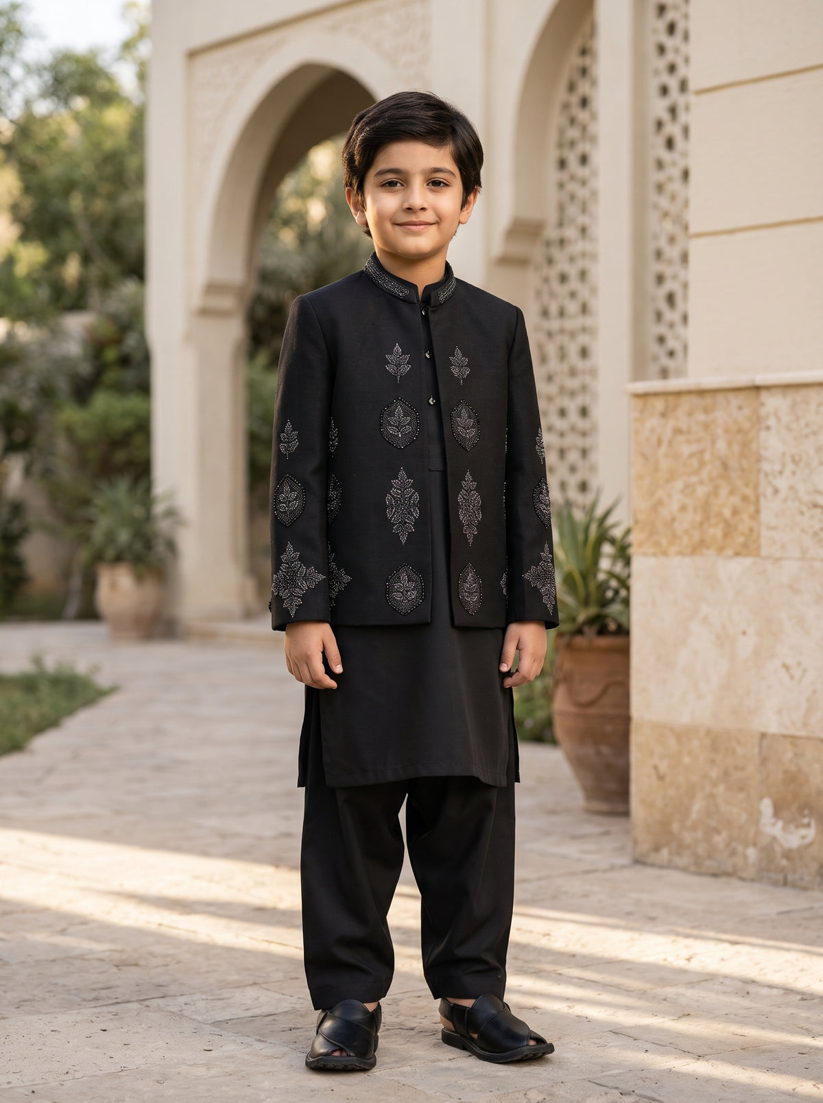 Boys Black Traditional Kurta Shalwar with Beaded Embroidered Sherwani Coat Festive Wear