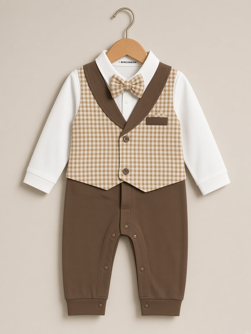 Stylish Baby Boys Brown Check Vest Romper With Bow Tie Formal Outfit Set