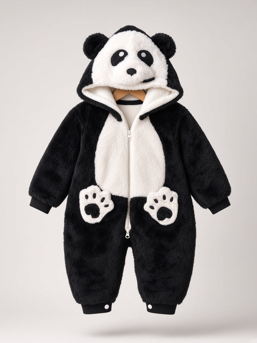 Baby Winter Cute Animal Panda Fleece Hooded Romper Jumpsuit Pajamas Onesie