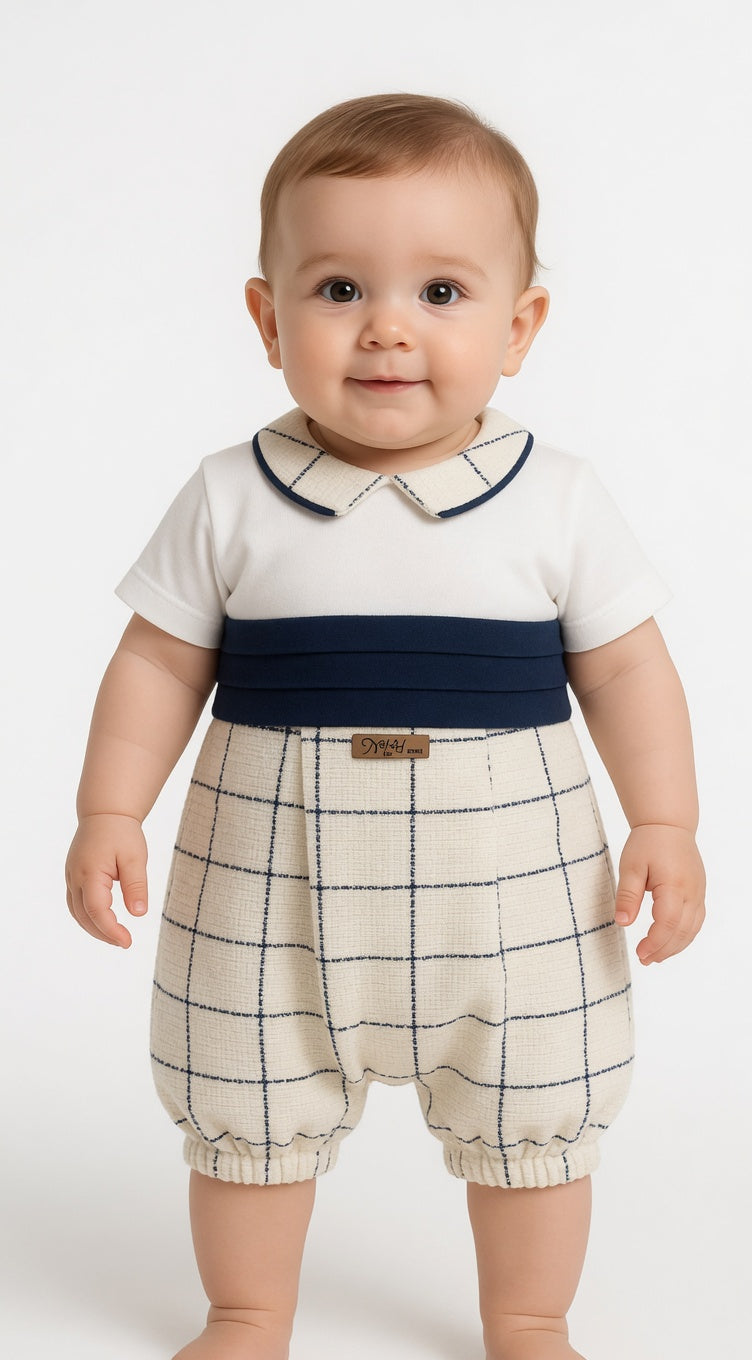 Baby Boy Olive Green Plaid Jumpsuit Romper With Elegant Pleated Waist Band Detail