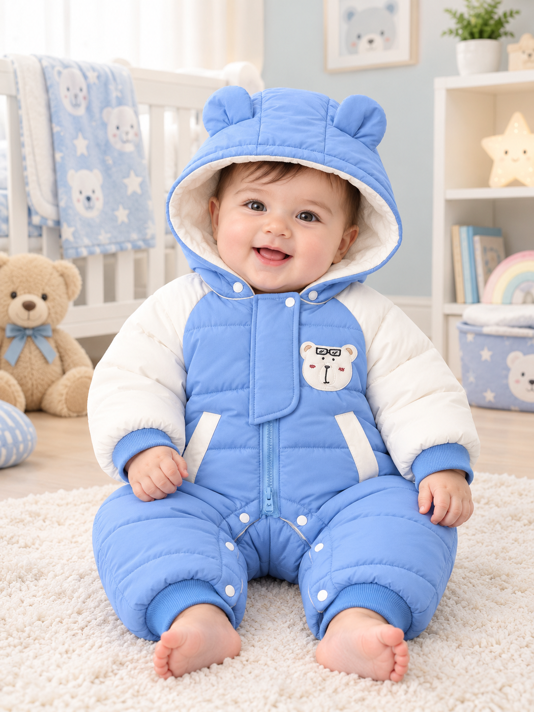 Baby Winter Padded Snowsuit Hooded Romper Jumpsuit With Bear Applique And Pockets
