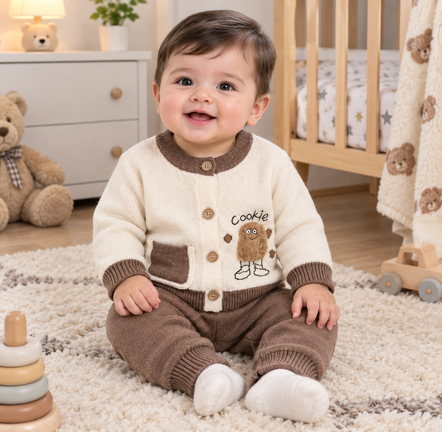 Baby Winter 2-Piece Knitted Cookie Graphic Cardigan Sweater And Matching Trousers Set