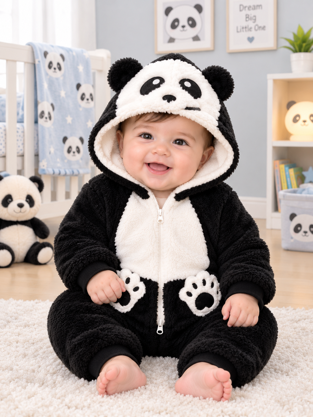 Baby Winter Cute Animal Panda Fleece Hooded Romper Jumpsuit Pajamas Onesie