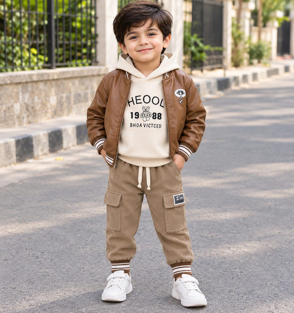 Kids Winter 3-Piece Leather Bomber Jacket Hoodie And Cargo Trousers Tracksuit Set