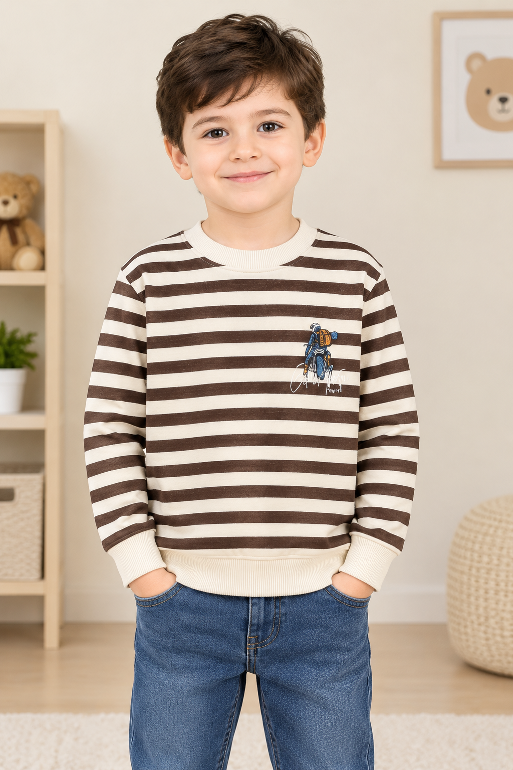 Kids Winter Striped Fleece Sweatshirt Motorcyclist Graphic Printed Front And Back Jumper