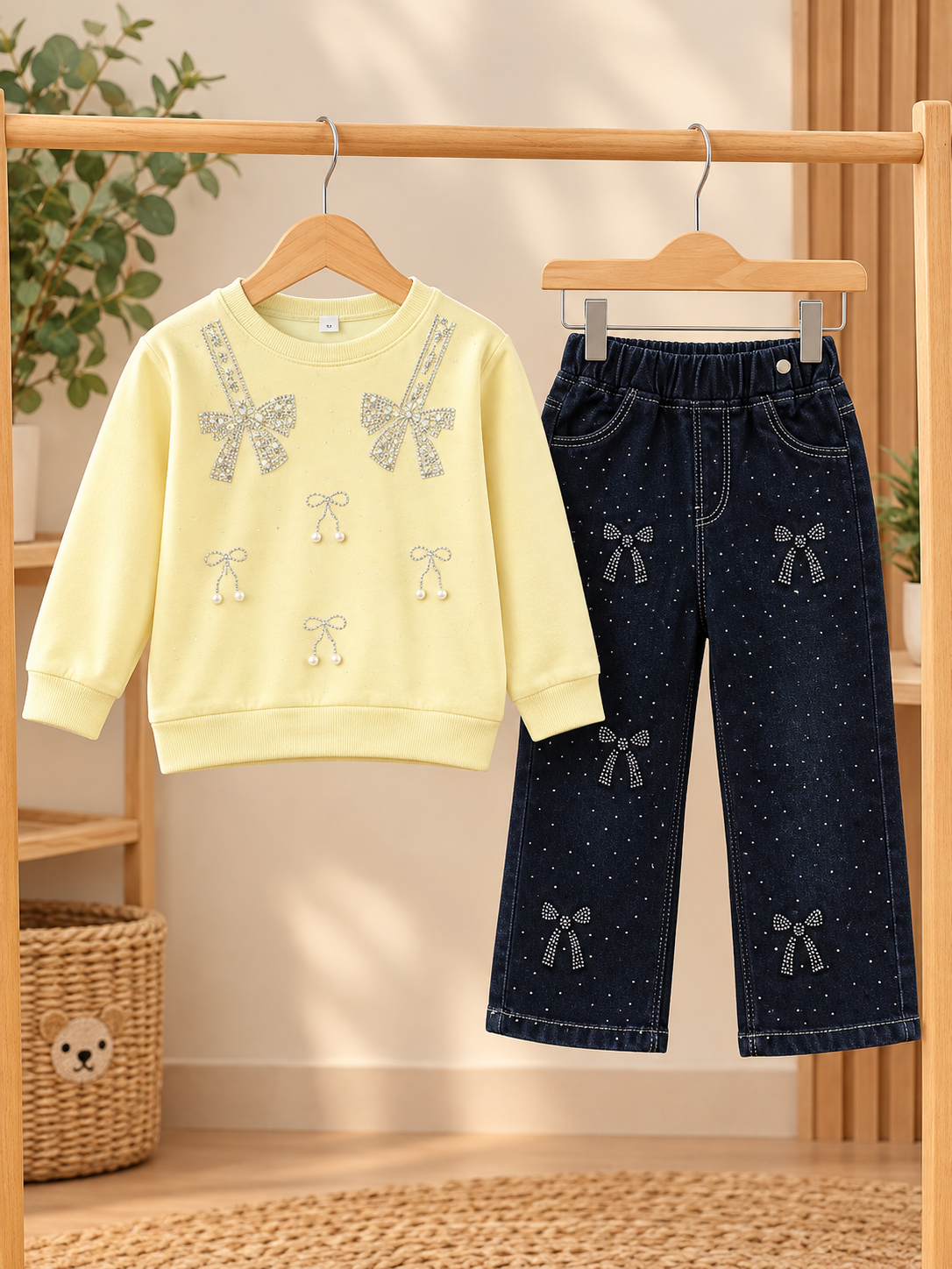 Girls Winter 2-Piece Rhinestone Bow Sweatshirt and Embellished Denim Jeans Outfit Set