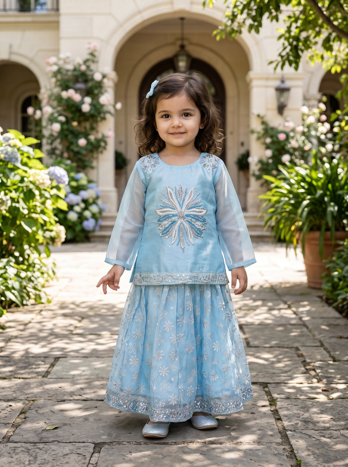 Elegant Embroidered Kurti With Matching Skirt Set For Trendy Little Girls