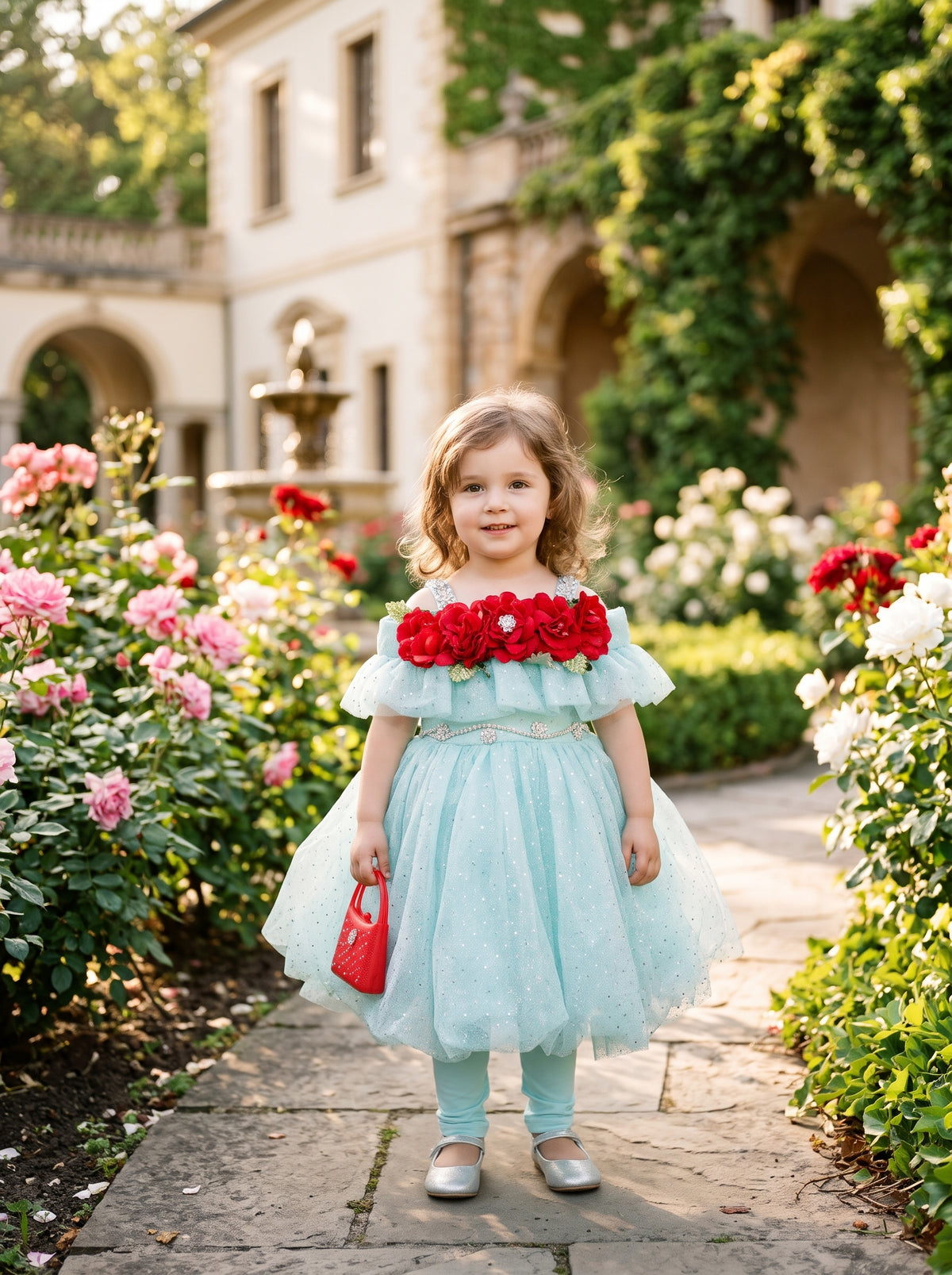 Stunning Rose Floral Accented Frock With Matching Inner Trouser And Cute Mini Handbag Set