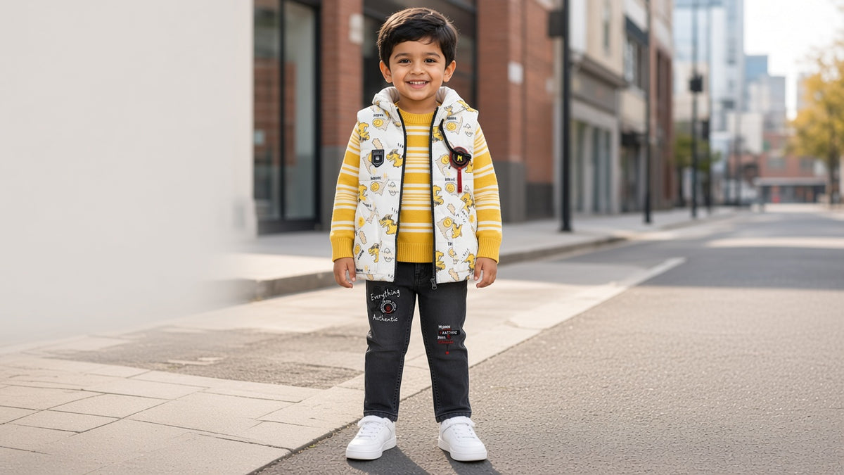 Stylish Kids Three Piece Checkerboard Vest Sweater And Denim Set