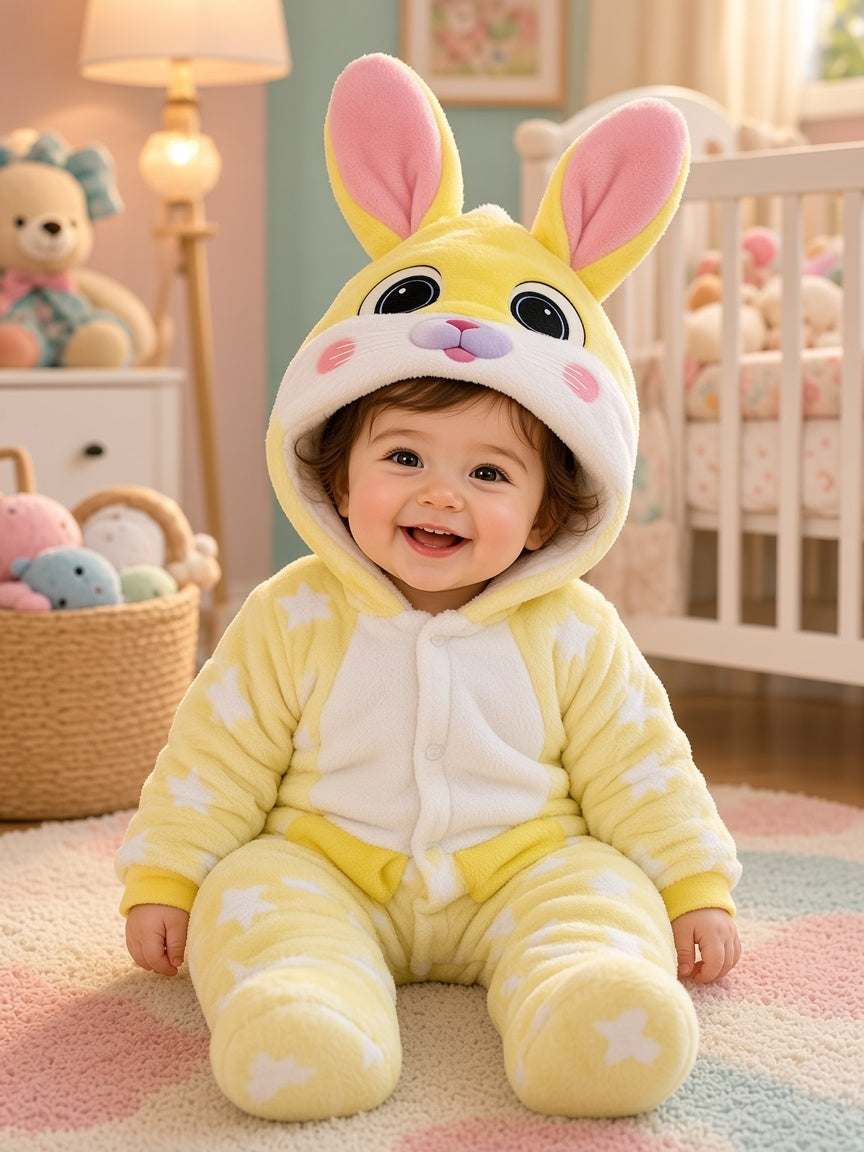Cute Bunny Ear Hooded Fleece Baby Romper Star Pattern Winter Warm Jumpsuit Outfit