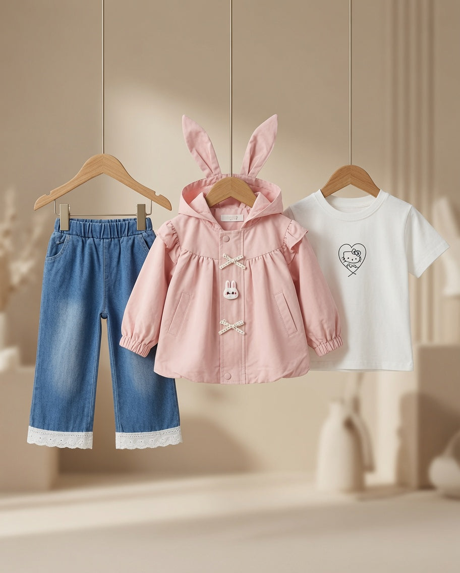 Cute Rabbit Ear Hooded Jacket Three Piece Kids Clothing Set for Stylish Girls
