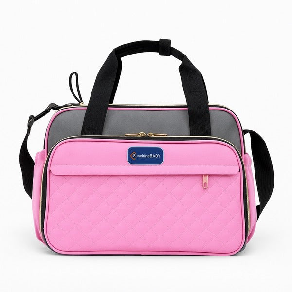 Large capacity diaper bag - Multi-functional Oxford cloth diaper bag with quilted design, pink with grey accents, including a crossbody strap for travel and daily