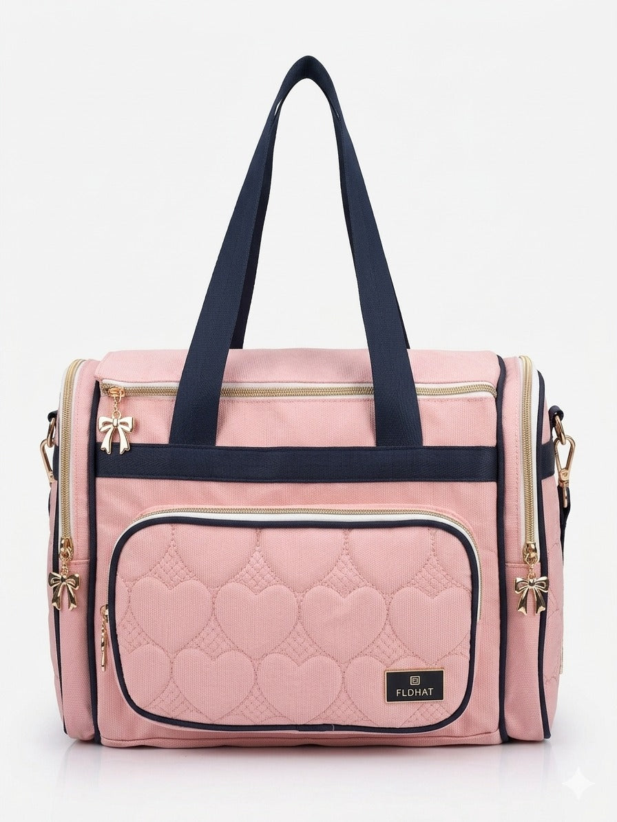 Heart Quilted Luxury Diaper Bag Large Travel Tote With Golden Bow Zippers And Shoulder Strap