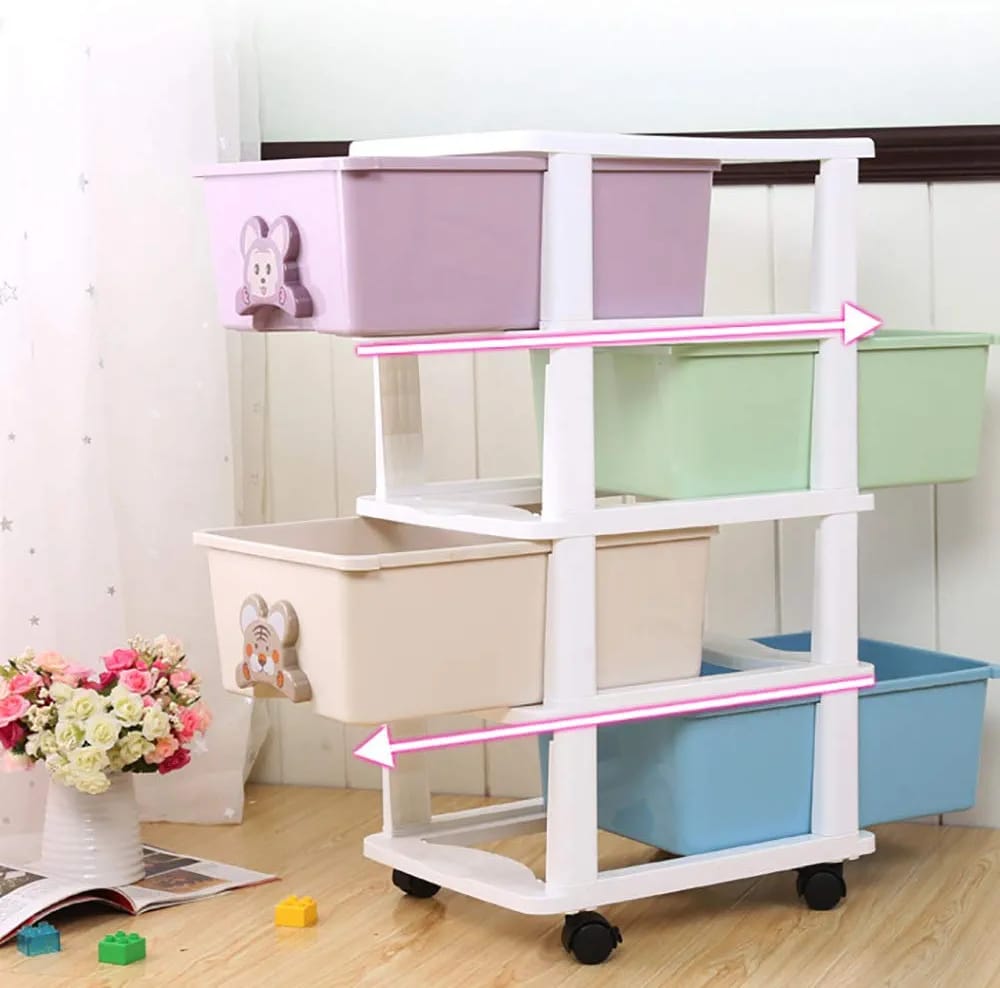 Multi-Tier Kids Toy Organizer Cart with Double-Sided Drawers and Rolling Wheels