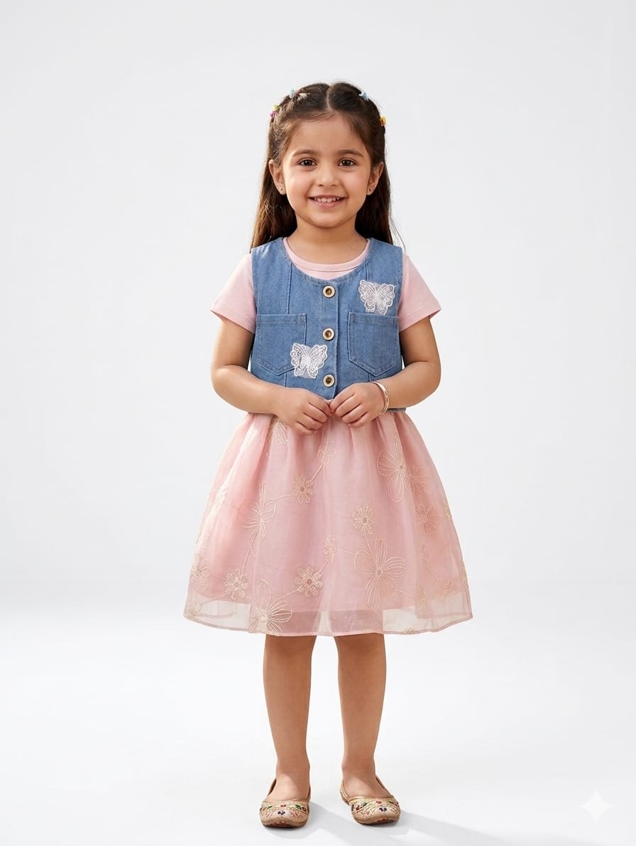 Elegant Girls Pink Net Frock With Removable Denim Butterfly Vest Casual Party Dress