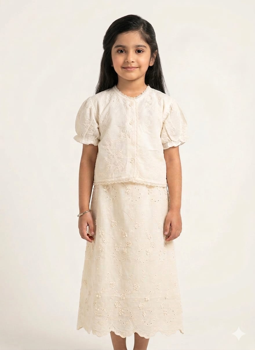 Elegant Girls Cotton Hakoba Chikankari Co Ord Set With Puff Sleeve Button Down Shirt