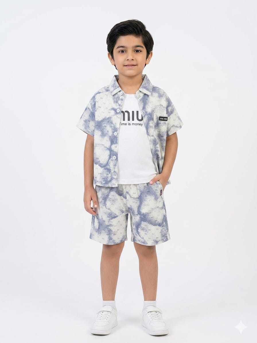 Boys Cloud Print 3-Piece Summer Co-Ord Set with Graphic Tee