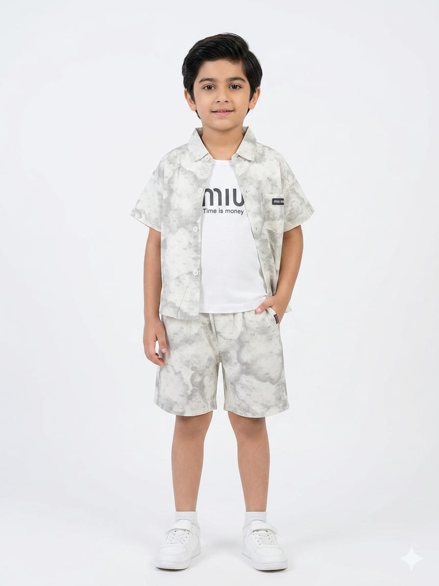 Boys Cloud Print 3-Piece Summer Co-Ord Set with Graphic Tee