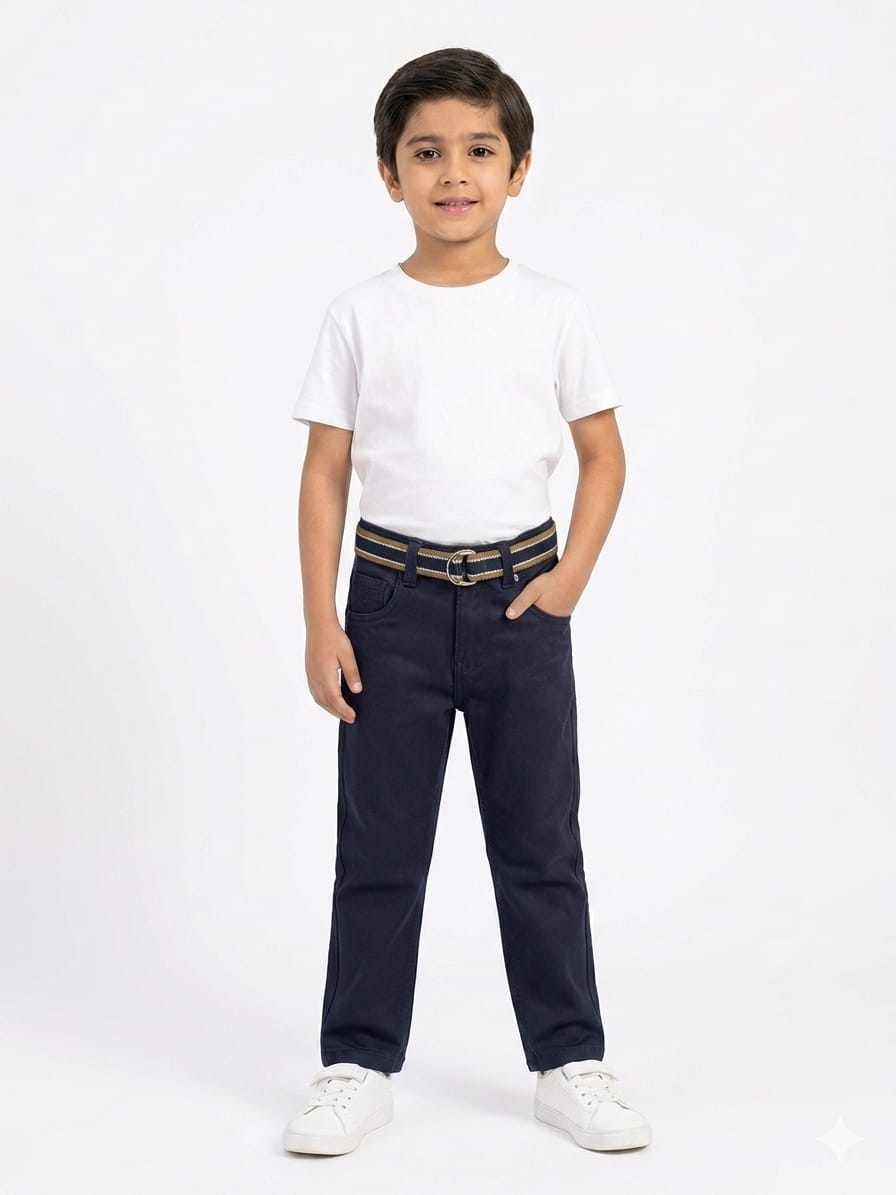 Stylish Boys Cotton Casual Trousers with Premium Striped Belt - Comfortable Regular Fit