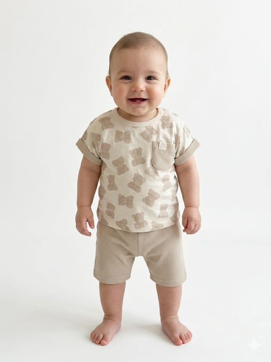 Adorable Teddy Bear Print Baby Summer Set - Soft Waffle-Knit Tee and Shorts