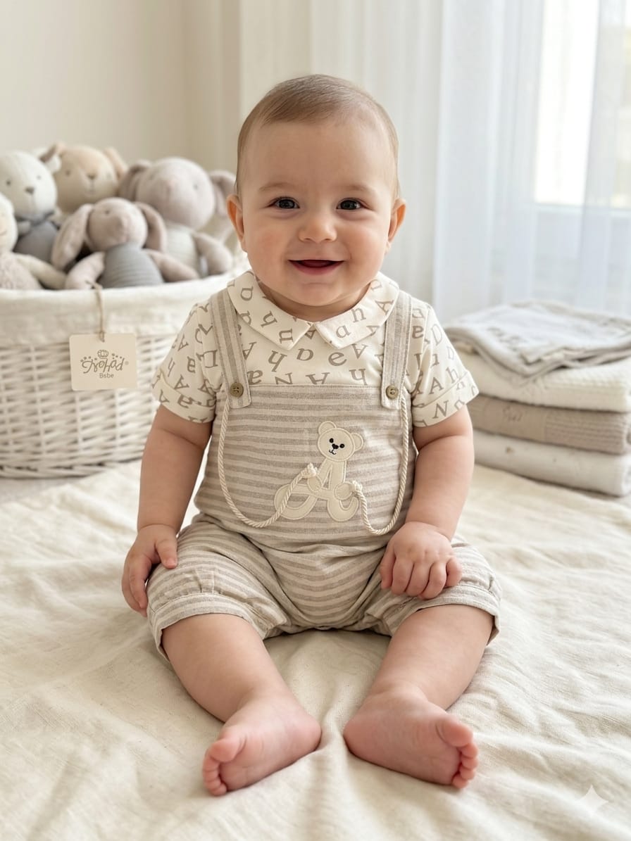 Adorable Striped Baby Overall Set - Soft Alphabet Print Tee with Teddy Applique