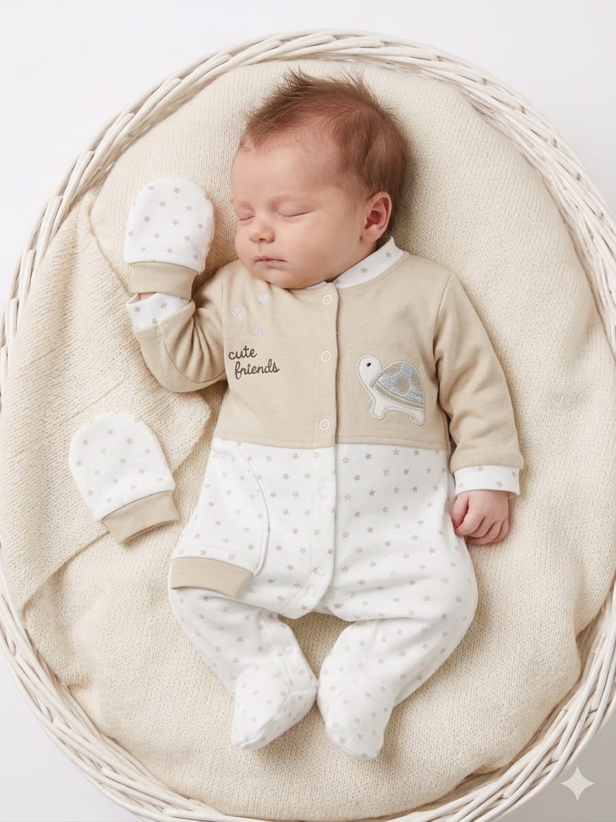 Soft Newborn Baby Sleepsuit and Matching Mittens Set - Cute Friends Turtle Design