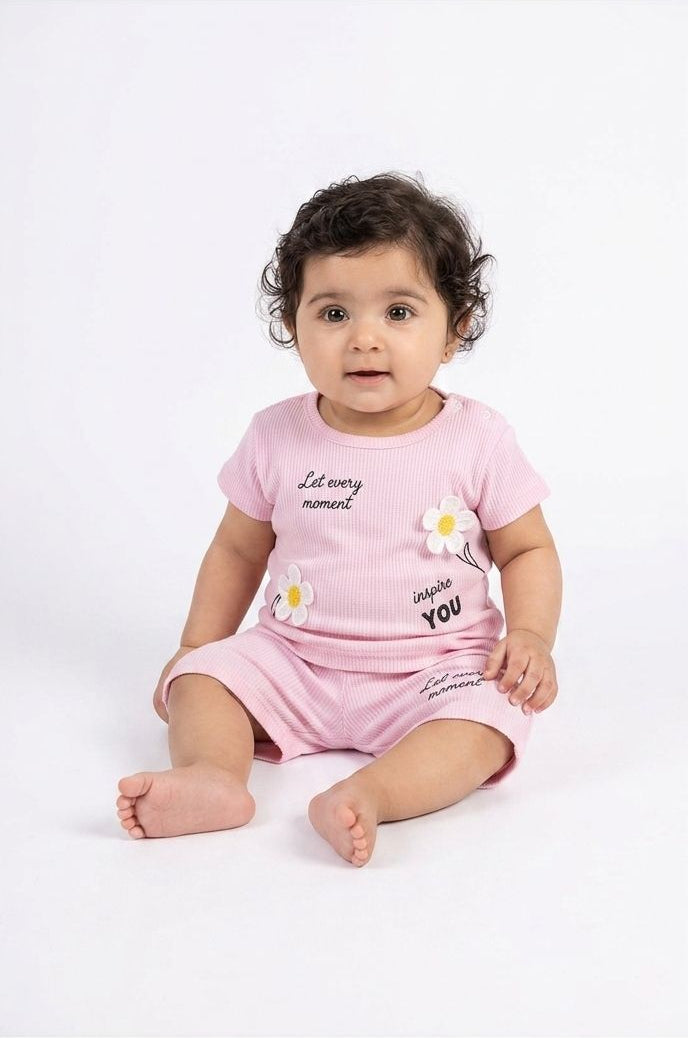 Comfortable Pink Ribbed Shorts Set With Floral Print For Stylish Baby Girls Summer Wear