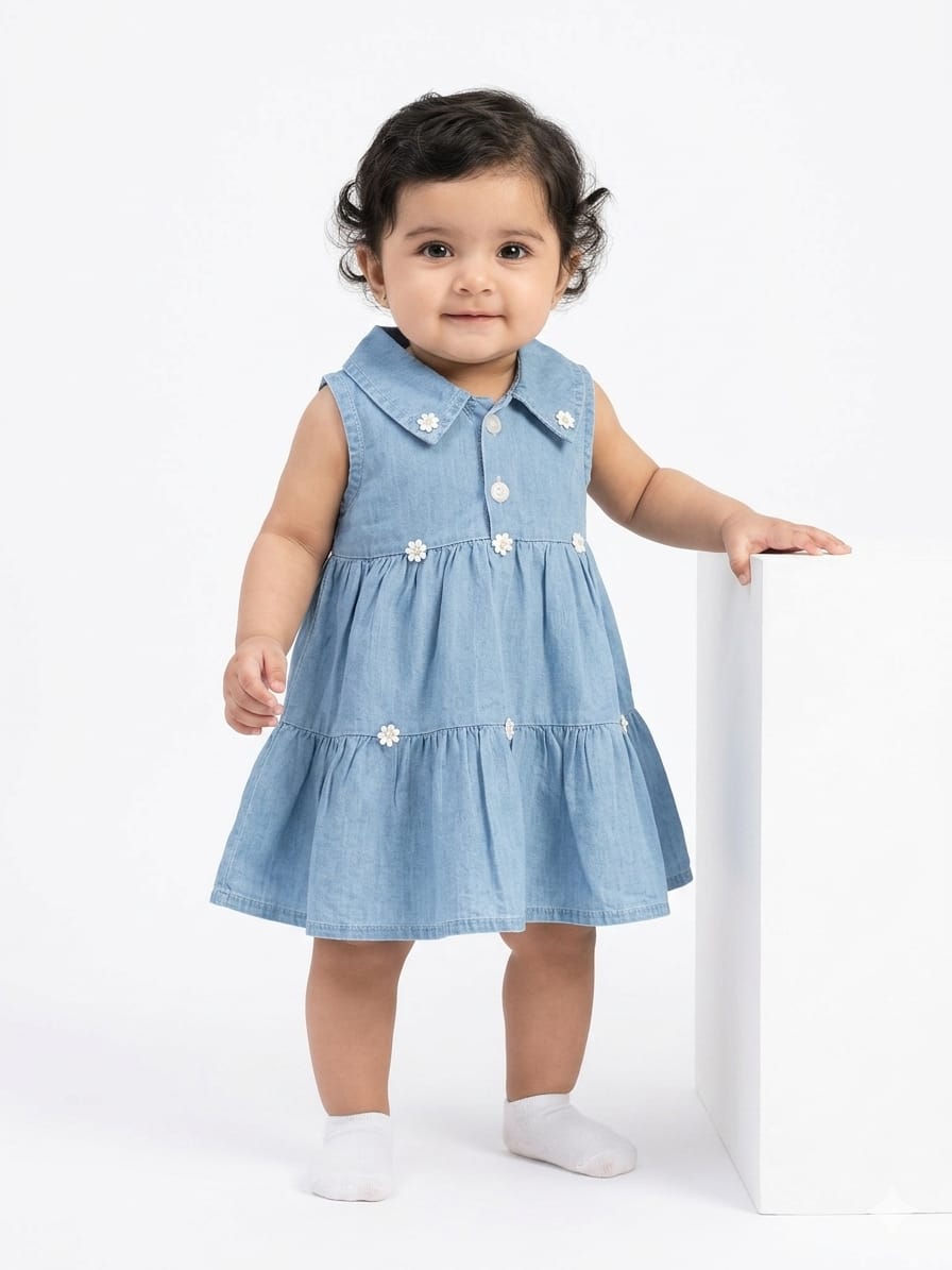 Premium Denim Frock With Floral Embellishments For Stylish Baby Girls Comfortable Casual Summer Dress