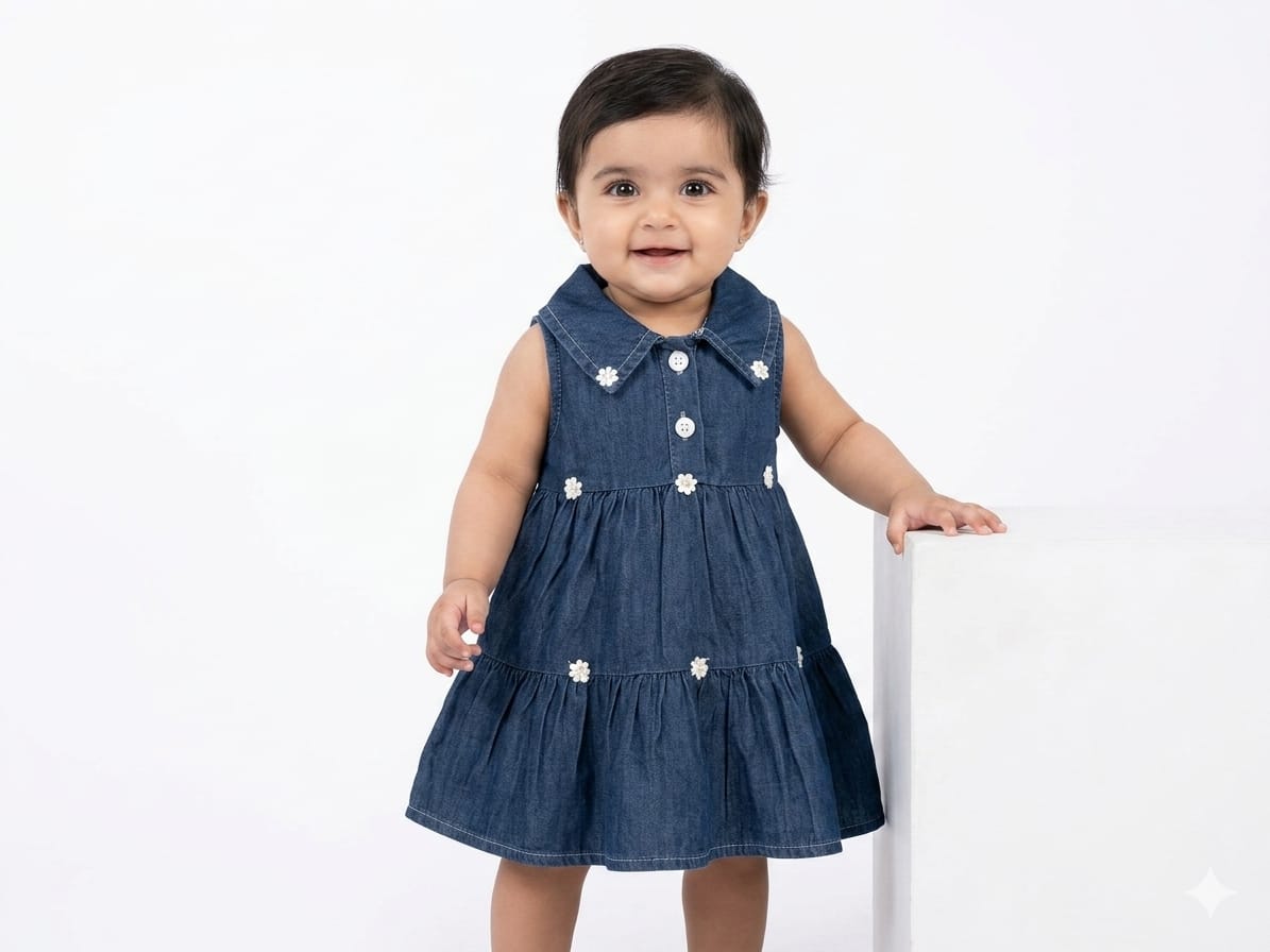 Premium Denim Frock With Floral Embellishments For Stylish Baby Girls Comfortable Casual Summer Dress