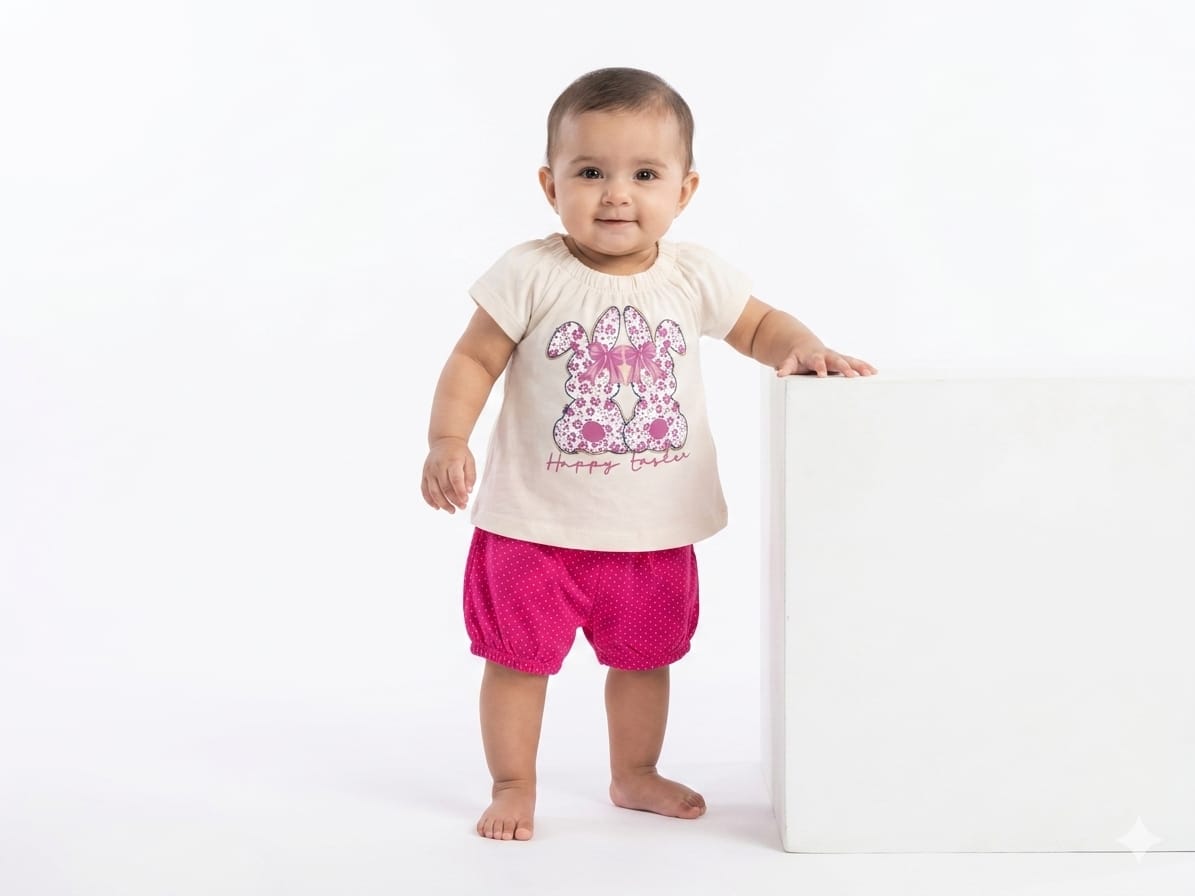 Comfortable Pink Polka Dot Shorts With Bunny Print Top For Stylish Baby Girls Outfit