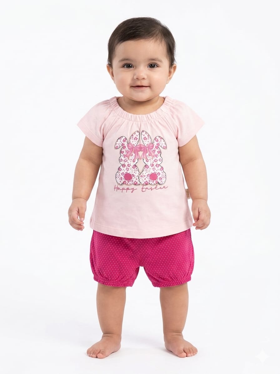 Comfortable Pink Polka Dot Shorts With Bunny Print Top For Stylish Baby Girls Outfit