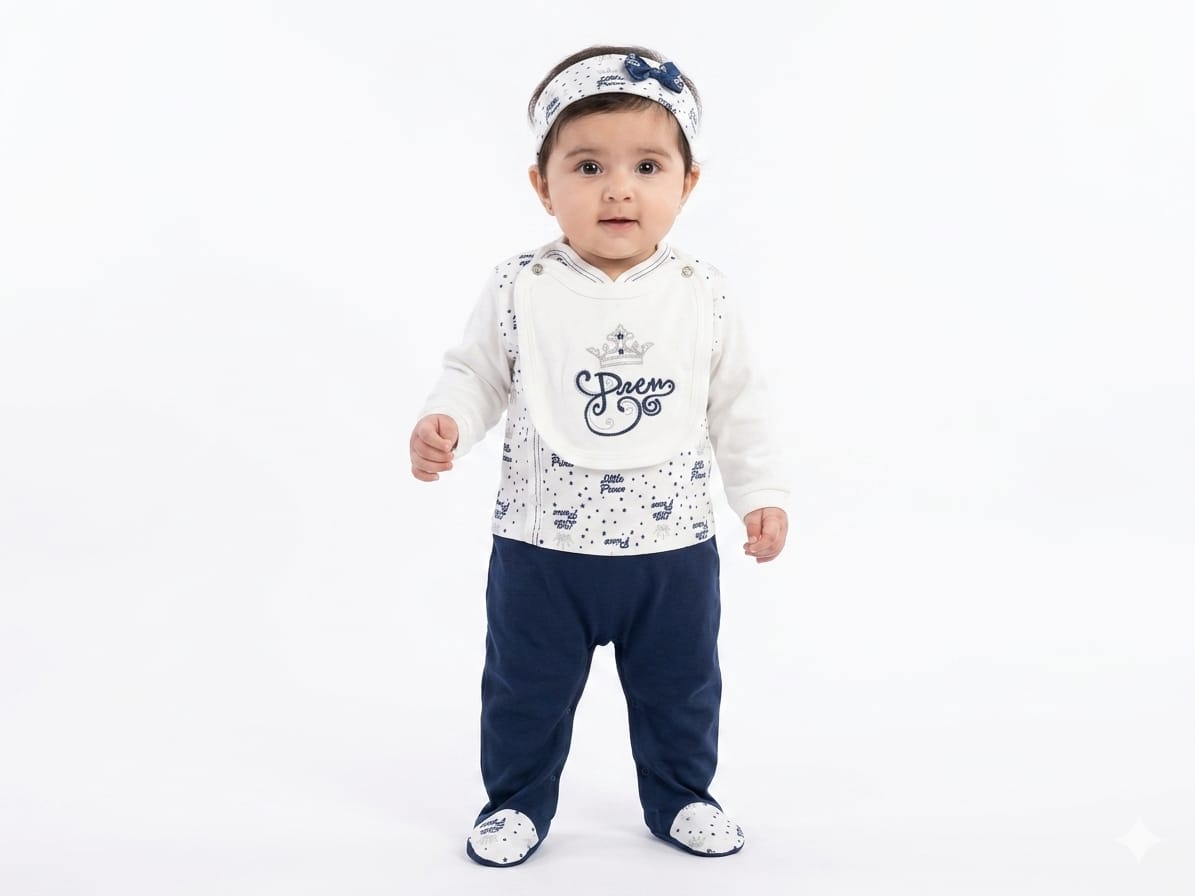 Comfortable Baby Prince Set With Crown Bib And Matching Mittens For Stylish Boys Wear