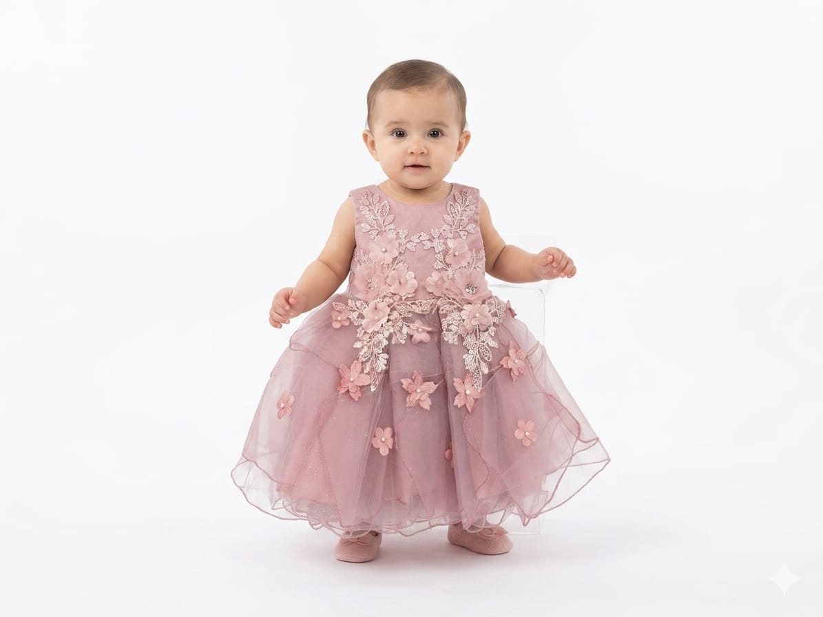 Elegant Dusty Pink Floral Party Dress for Baby Girls - Embellished Fancy Occasion Wear