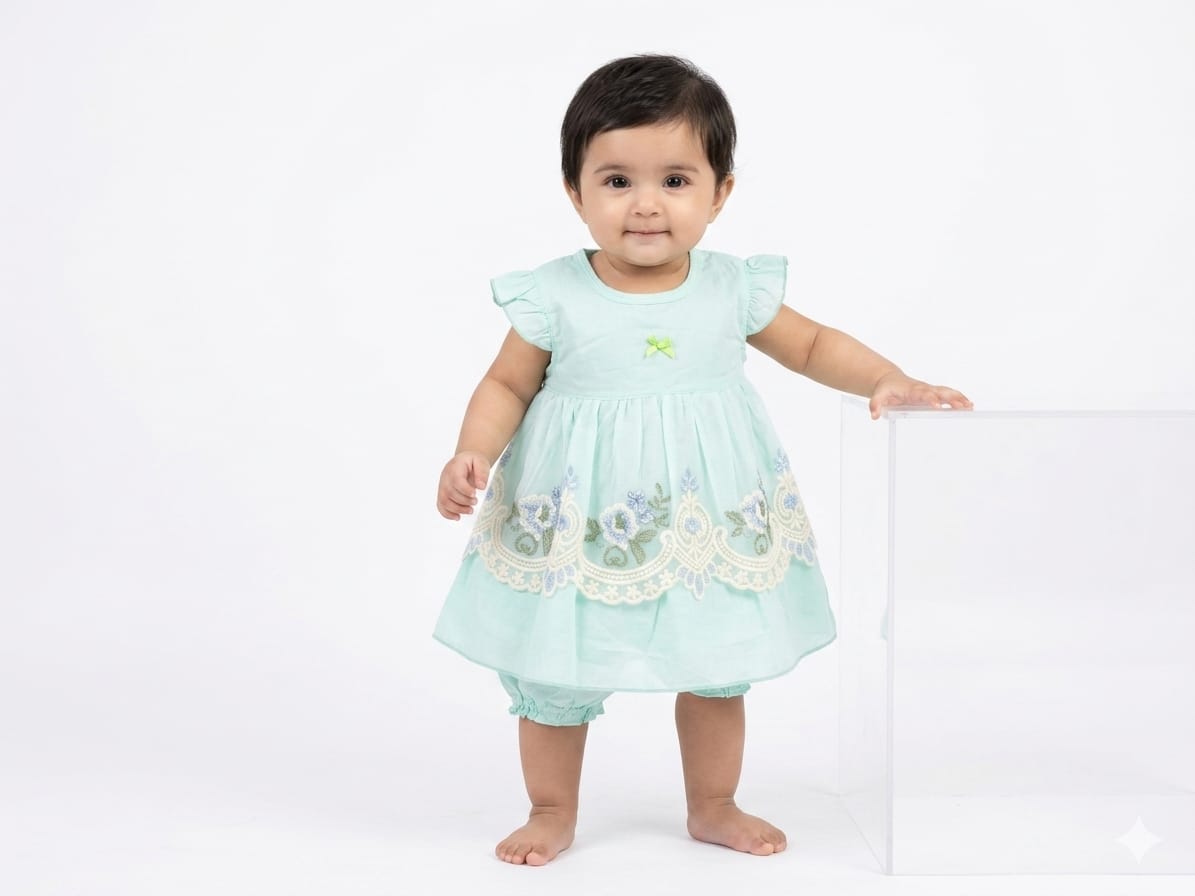 Adorable Mint Green Floral Embroidered Baby Dress Set - Comfortable Summer Outfit