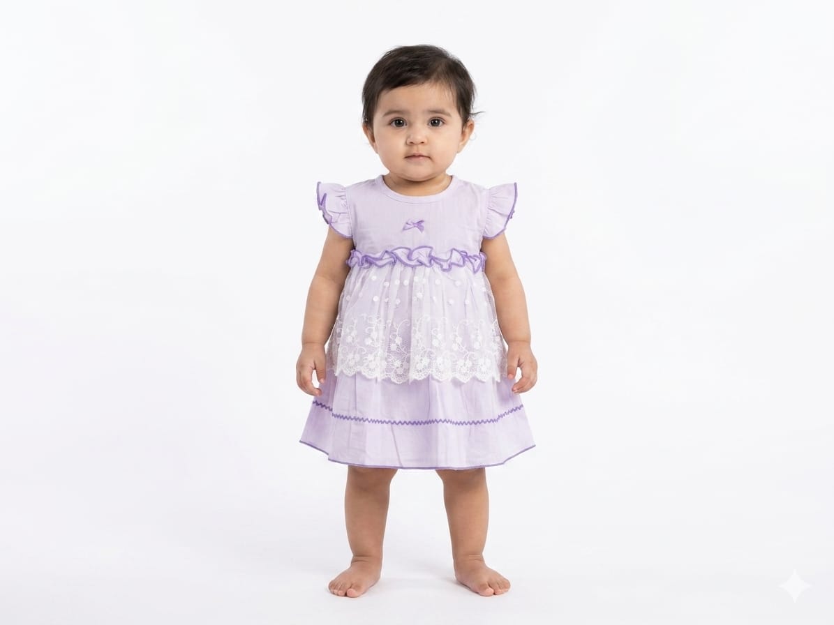 Charming Lavender Baby Dress with Delicate White Lace Overlay and Ruffle Detailing