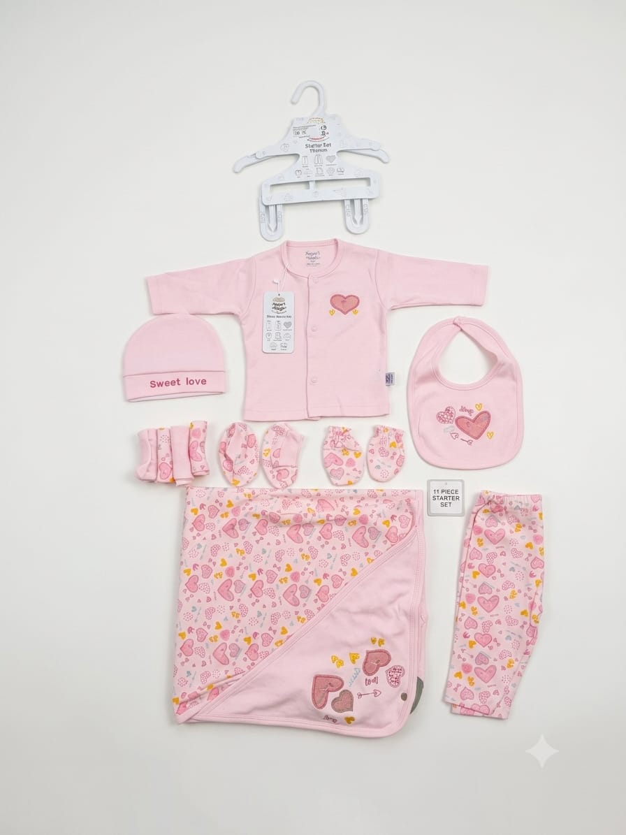 Premium Cotton Newborn Baby Girl Starter Gift Set With Soft Heart Dots Pattern Design
