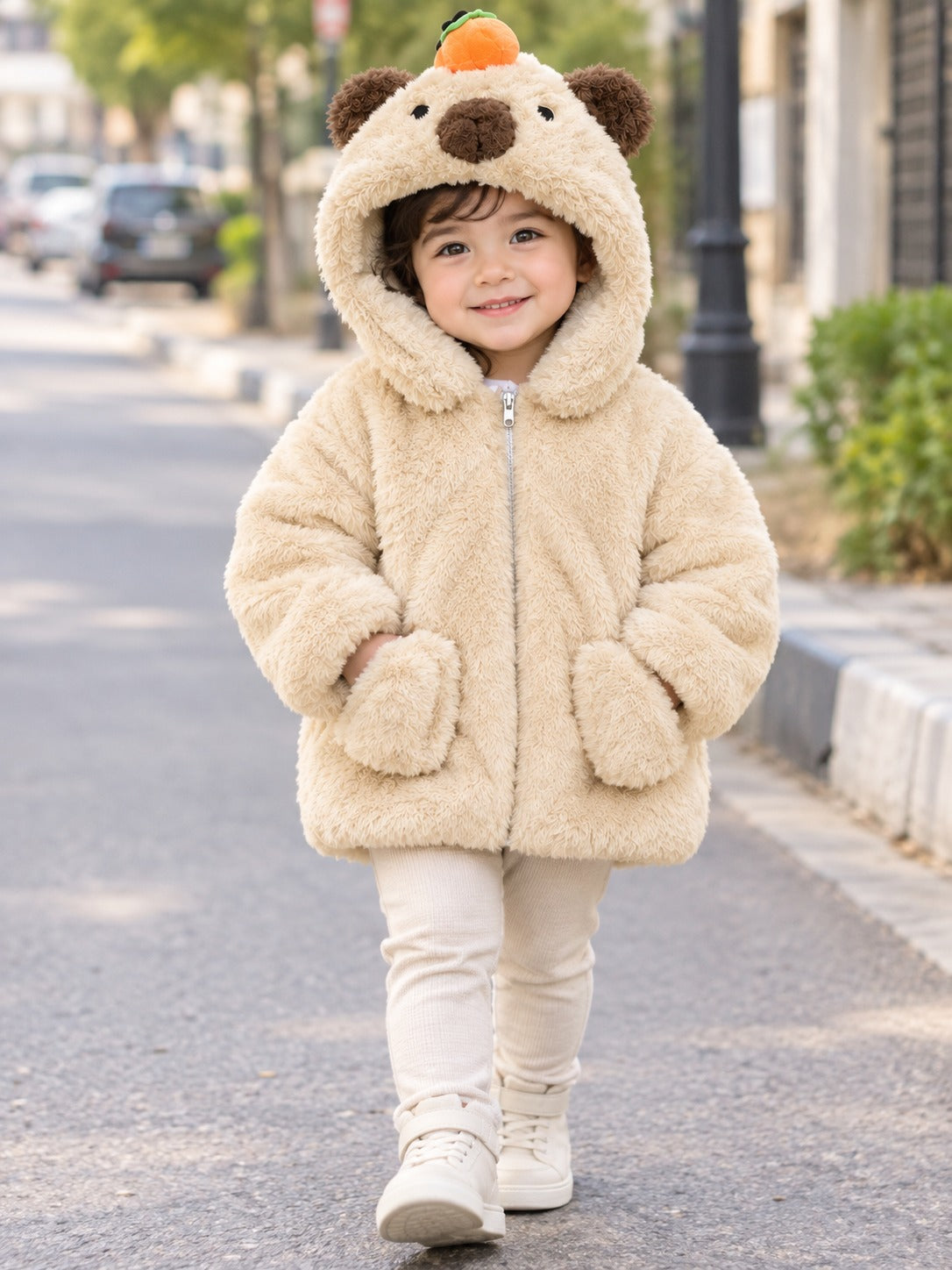 Kids Plush Faux Fur Hooded Bear Jacket With Cute Carrot Accent