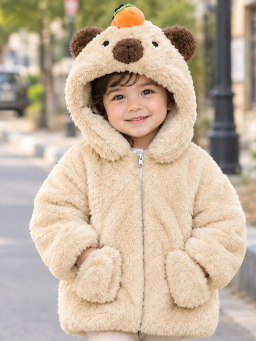 Kids Plush Faux Fur Hooded Bear Jacket With Cute Carrot Accent