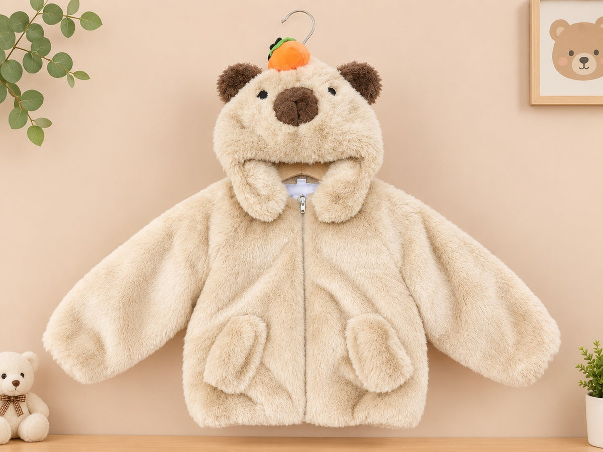 Kids Plush Faux Fur Hooded Bear Jacket With Cute Carrot Accent