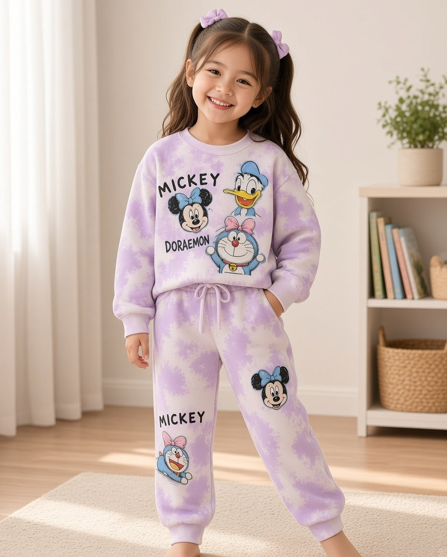 Stylish Kids Cartoon Character Print Tie-Dye Sweatshirt And Trouser Tracksuit Set