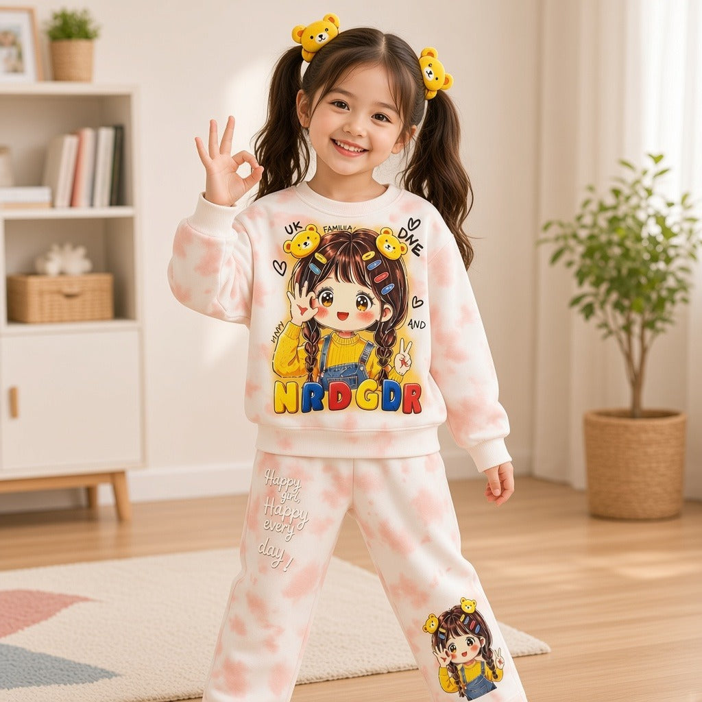 Stylish Kids Cartoon Print Tie-Dye Sweatshirt And Trouser Winter Tracksuit Set