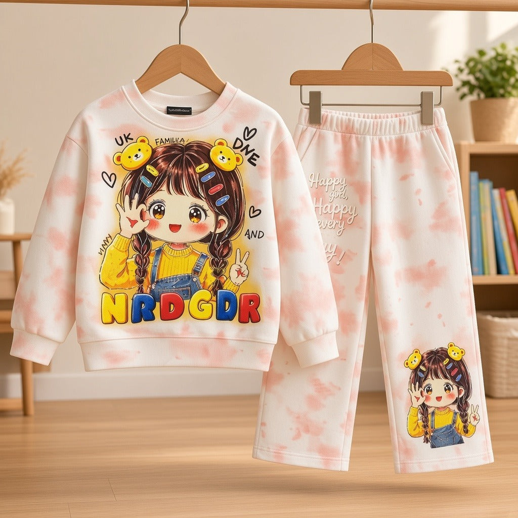 Stylish Kids Cartoon Print Tie-Dye Sweatshirt And Trouser Winter Tracksuit Set